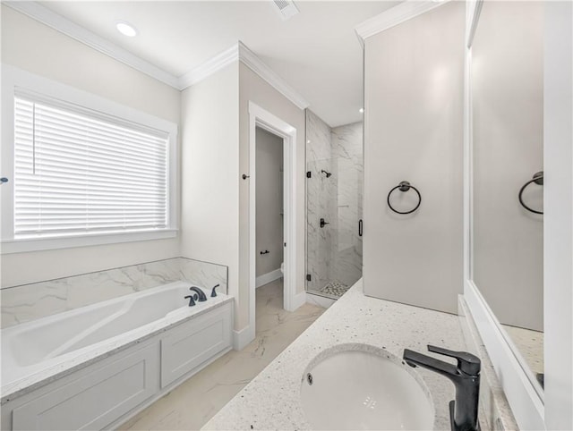1821 Bluestem Dr, Centerton, AR 72719 - full bath featuring marble look tiles, a bath, a marble finish shower, ornamental molding, and double vanity