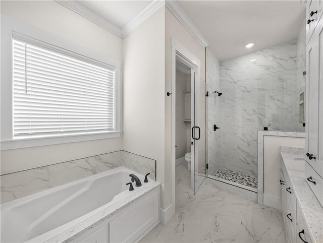 1821 Bluestem Dr, Centerton, AR 72719 - full bath featuring a garden tub, marble finish flooring, a marble finish shower, vanity, and toilet