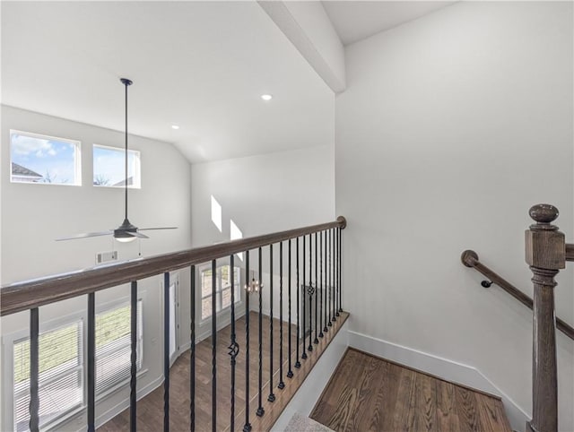 1821 Bluestem Dr, Centerton, AR 72719 - hall with wood finished floors, baseboards, recessed lighting, and an upstairs landing