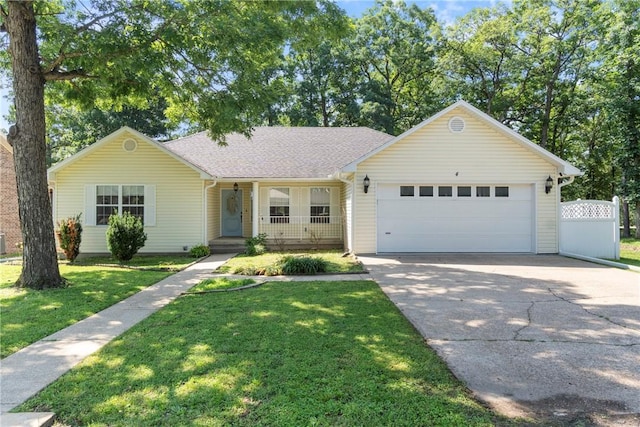 4 Hillcrest Dr, Holiday Island, AR 72631 - ranch-style house featuring an attached garage, concrete driveway, a front lawn, a porch, and a shingled roof