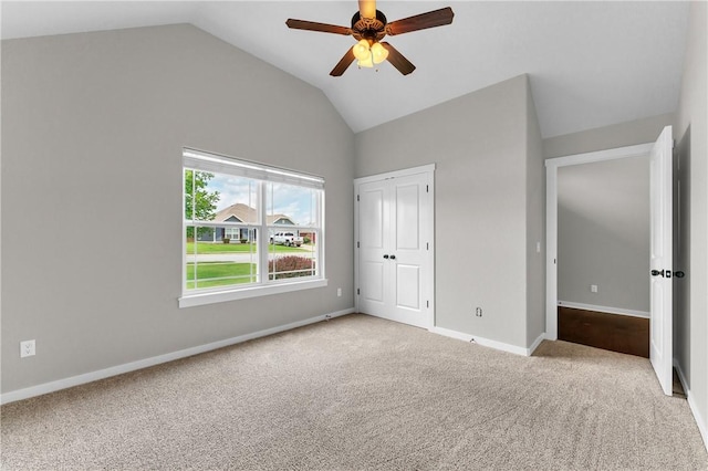 3901 Waterhole Ave, Springdale, AR 72764 - unfurnished bedroom with carpet, lofted ceiling, baseboards, a closet, and a ceiling fan