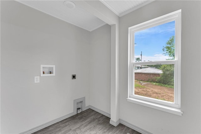 404 Hargis St, Huntsville, AR 72740 - washroom with electric dryer hookup, hookup for a washing machine, light wood-style floors, and crown molding