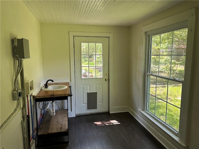 301 W Bean St, Lincoln, AR 72744 - entryway with a sink, plenty of natural light, dark wood-style flooring, baseboards, and wooden ceiling