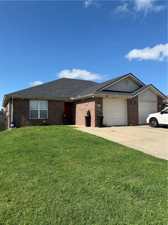 1297 Homestead Loop, Springdale, AR 72764 - ranch-style home featuring a garage, a front lawn, concrete driveway, and brick siding