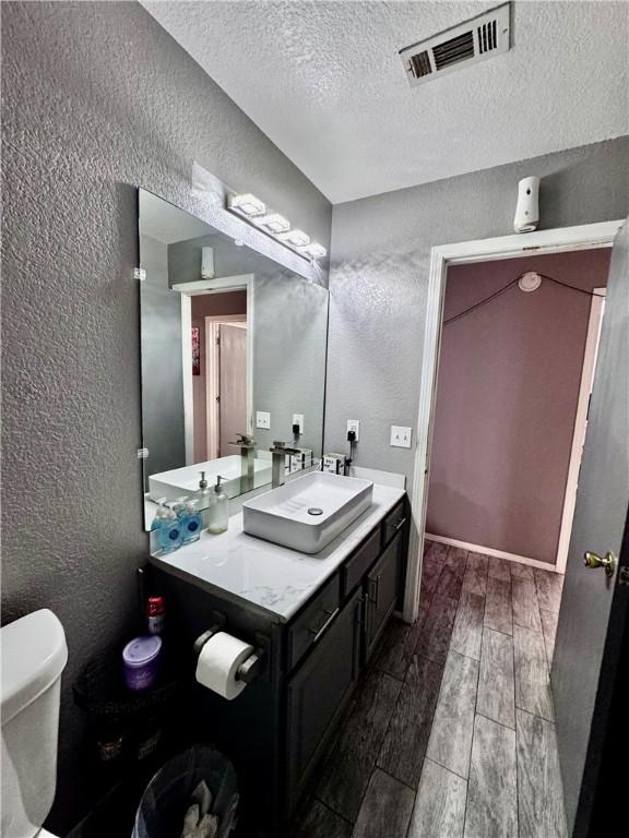 1269 E Homestead Loop, Springdale, AR 72764 - half bathroom with a textured wall, wood tiled floors, vanity, and a textured ceiling