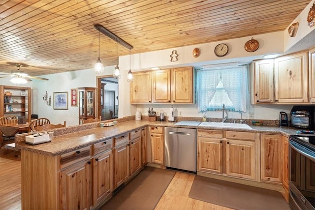 1900 76th Hwy, Anderson, MO 64831 - kitchen featuring stainless steel appliances, wood ceiling, a peninsula, light wood-type flooring, and ceiling fan