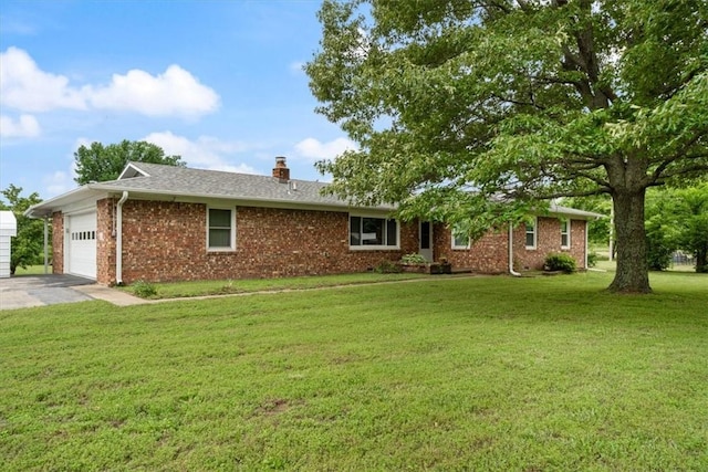 1900 76th Hwy, Anderson, MO 64831 - ranch-style home featuring a garage, a front lawn, brick siding, asphalt driveway, and a chimney