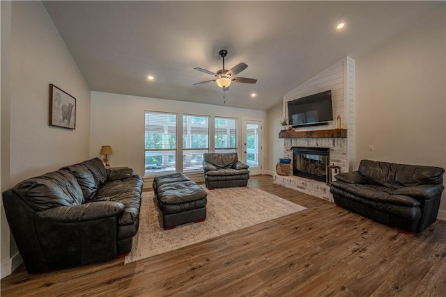 6 Muker Ln, Bella Vista, AR 72714 - living area featuring lofted ceiling, ceiling fan, wood finished floors, a brick fireplace, and recessed lighting