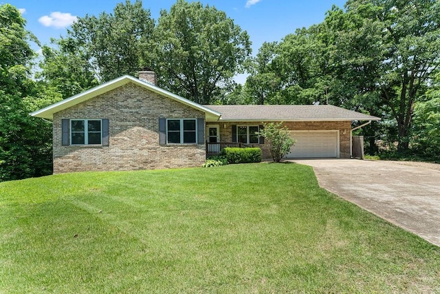 10 Magrath Ln, Bella Vista, AR 72715 - view of front facade with a chimney, a garage, concrete driveway, brick siding, and a front lawn