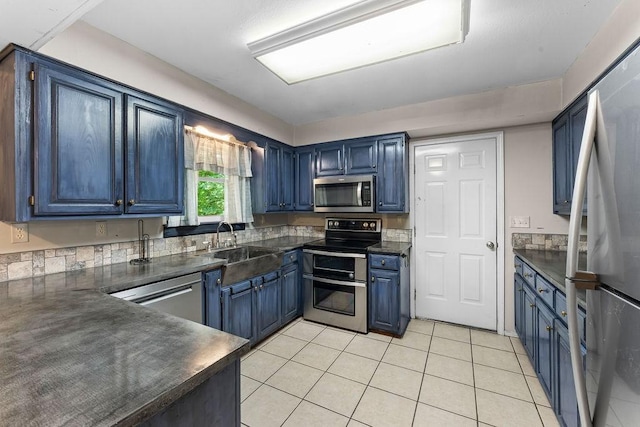 10 Magrath Ln, Bella Vista, AR 72715 - kitchen with appliances with stainless steel finishes, dark countertops, blue cabinets, light tile patterned flooring, and a sink
