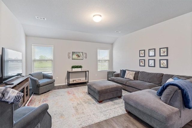2213 E Fennec St, Siloam Springs, AR 72761 - living room featuring vaulted ceiling, healthy amount of natural light, wood finished floors, and baseboards