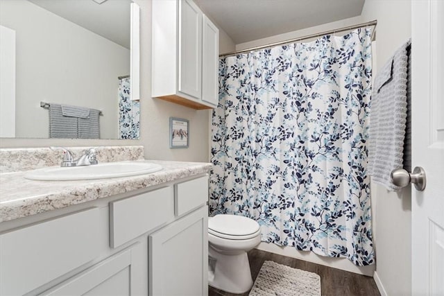 2213 E Fennec St, Siloam Springs, AR 72761 - bathroom featuring vanity, wood finished floors, toilet, and a shower with shower curtain