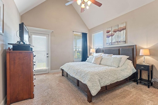 5703 S 66th St, Cave Springs, AR 72718 - bedroom featuring carpet floors, multiple windows, high vaulted ceiling, and a ceiling fan