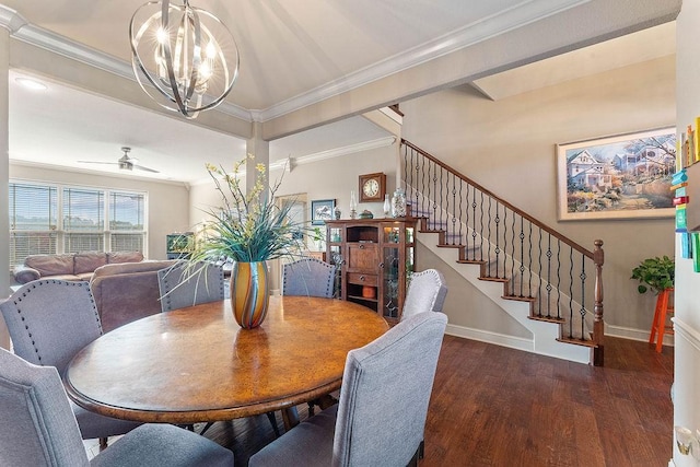 5703 S 66th St, Cave Springs, AR 72718 - dining room with wood finished floors, a chandelier, stairway, ornamental molding, and a ceiling fan