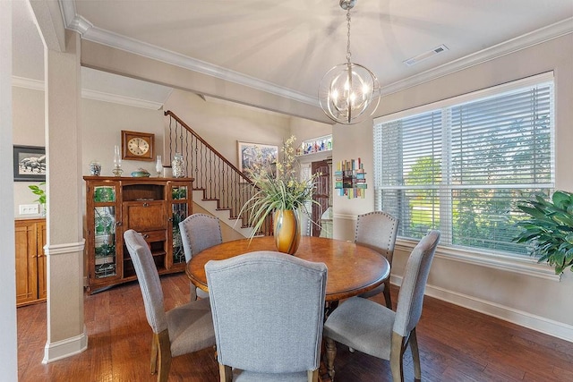 5703 S 66th St, Cave Springs, AR 72718 - dining space featuring a chandelier, wood-type flooring, crown molding, and stairway