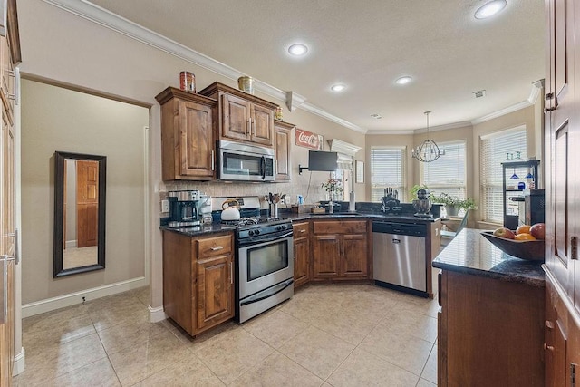 5703 S 66th St, Cave Springs, AR 72718 - kitchen featuring appliances with stainless steel finishes, ornamental molding, light tile patterned floors, brown cabinets, and recessed lighting