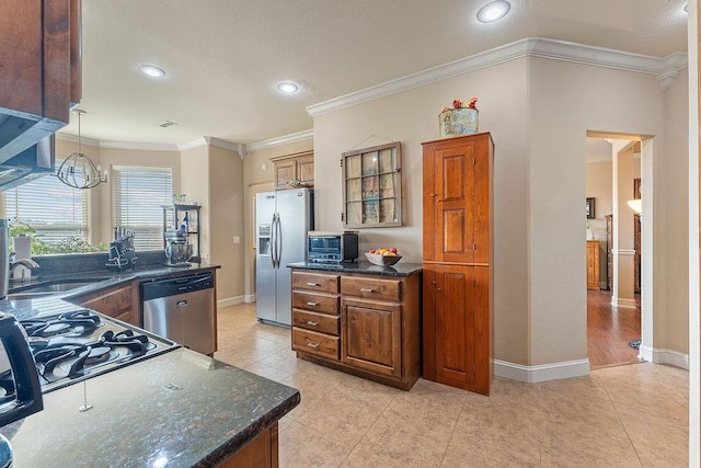 5703 S 66th St, Cave Springs, AR 72718 - kitchen featuring stainless steel appliances, light tile patterned floors, crown molding, recessed lighting, and brown cabinets
