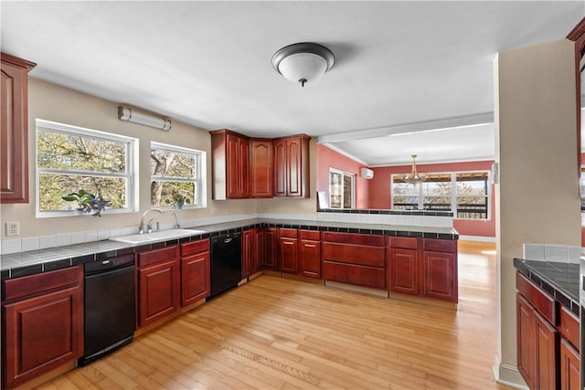 11021 Lathams Landing Rd, Garfield, AR 72732 - kitchen featuring dishwasher, reddish brown cabinets, light wood-style floors, and a sink