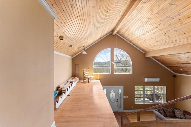 11021 Lathams Landing Rd, Garfield, AR 72732 - stairs featuring wood finished floors, healthy amount of natural light, wooden ceiling, and baseboards