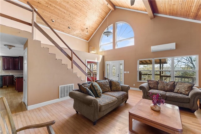 11021 Lathams Landing Rd, Garfield, AR 72732 - living area with a wall unit AC, stairway, high vaulted ceiling, light wood finished floors, and wooden ceiling with exposed beams