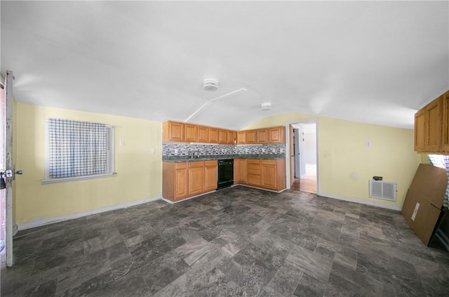 108 Mcculloch, Pea Ridge, AR 72751 - kitchen featuring dishwasher, lofted ceiling, dark countertops, and decorative backsplash