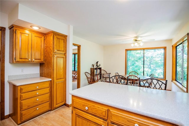19 Bobwhite Ln, Holiday Island, AR 72631 - kitchen with light countertops, a ceiling fan, light wood-style flooring, and brown cabinets