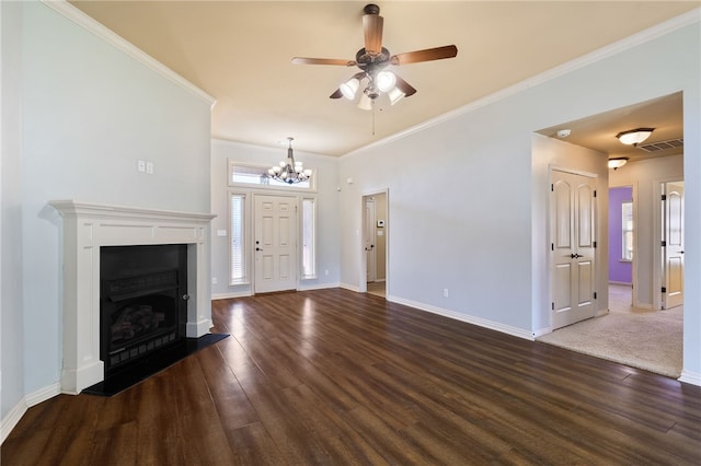 1232 Big Oak Dr, Alma, AR 72921 - unfurnished living room featuring dark wood-type flooring, healthy amount of natural light, a chandelier, a ceiling fan, and ornamental molding