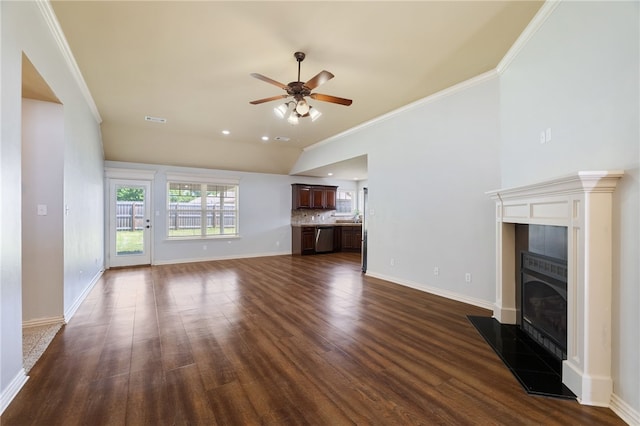 1232 Big Oak Dr, Alma, AR 72921 - unfurnished living room with a fireplace, ceiling fan, crown molding, dark wood-style floors, and vaulted ceiling
