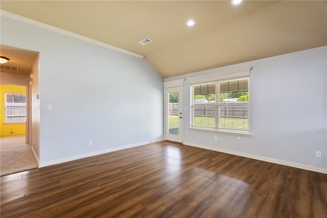 1232 Big Oak Dr, Alma, AR 72921 - spare room with lofted ceiling, dark wood-style flooring, recessed lighting, and crown molding