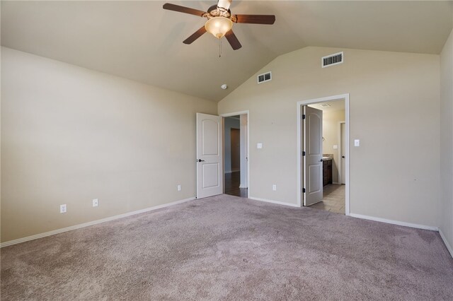 1232 Big Oak Dr, Alma, AR 72921 - unfurnished bedroom featuring high vaulted ceiling, light carpet, ensuite bathroom, and a ceiling fan