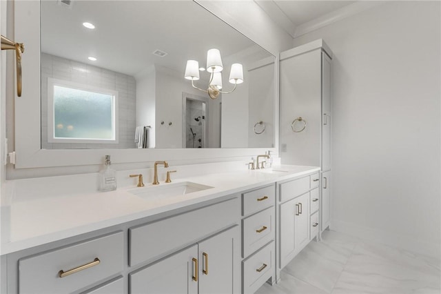8003 W Claverton St, Rogers, AR 72758 - bathroom with double vanity, marble look tiles, recessed lighting, and a shower