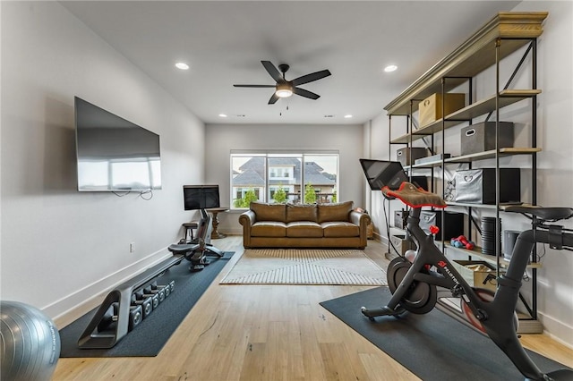 8003 W Claverton St, Rogers, AR 72758 - exercise area featuring a ceiling fan, wood finished floors, and recessed lighting