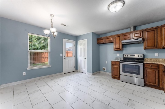3530 Reynolds Ave, Springdale, AR 72764 - kitchen featuring electric stove, under cabinet range hood, light marble finish flooring, and brown cabinetry