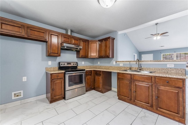 3530 Reynolds Ave, Springdale, AR 72764 - kitchen featuring electric stove, under cabinet range hood, light marble finish floors, a peninsula, and brown cabinets