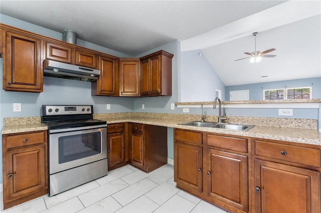 3530 Reynolds Ave, Springdale, AR 72764 - kitchen with electric range, under cabinet range hood, brown cabinetry, a ceiling fan, and vaulted ceiling