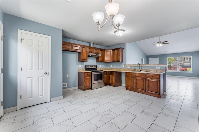3530 Reynolds Ave, Springdale, AR 72764 - kitchen featuring stainless steel electric range, light marble finish floors, brown cabinets, under cabinet range hood, and vaulted ceiling