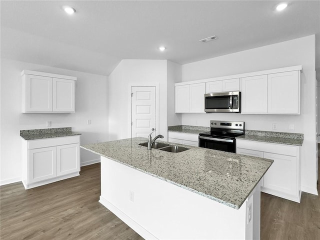 960 Hudson St, Prairie Grove, AR 72753 - kitchen featuring stainless steel appliances, light stone countertops, dark wood-style flooring, white cabinets, and recessed lighting