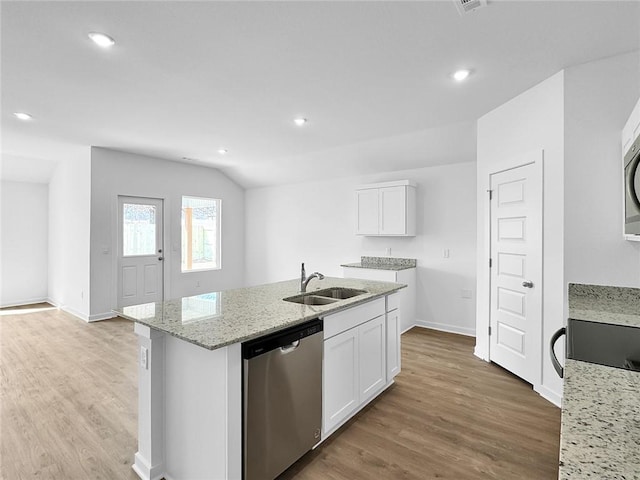 960 Hudson St, Prairie Grove, AR 72753 - kitchen with stainless steel dishwasher, light stone countertops, white cabinets, light wood-style flooring, and lofted ceiling