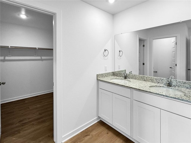 960 Hudson St, Prairie Grove, AR 72753 - bathroom featuring wood finished floors, double vanity, and a walk in closet