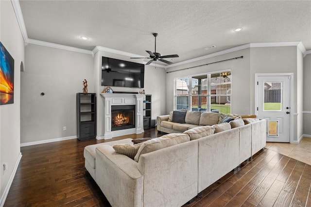1511 Aniston Rd, Centerton, AR 72719 - living area featuring crown molding, dark wood-type flooring, ceiling fan, a warm lit fireplace, and a textured ceiling