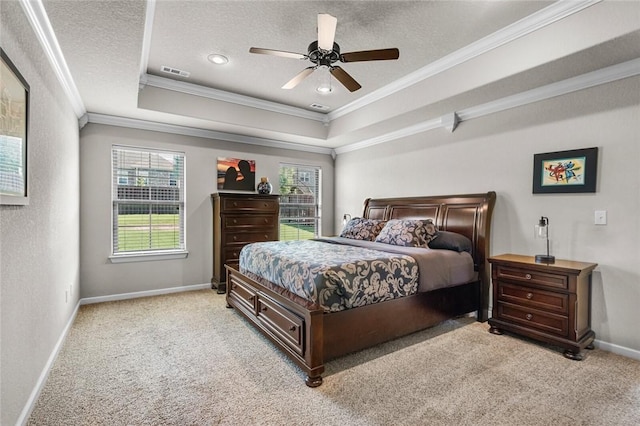 1511 Aniston Rd, Centerton, AR 72719 - bedroom with crown molding, a raised ceiling, light colored carpet, a textured ceiling, and ceiling fan