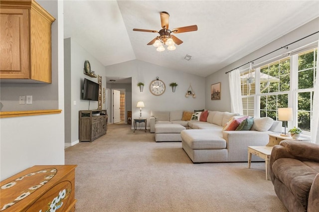 9336 Stonegate Dr, Omaha, AR 72662 - living area with light colored carpet, lofted ceiling, and ceiling fan
