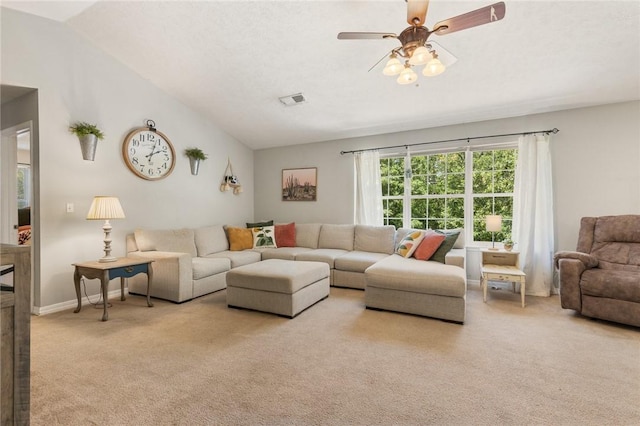 9336 Stonegate Dr, Omaha, AR 72662 - living room featuring carpet flooring, lofted ceiling, and ceiling fan