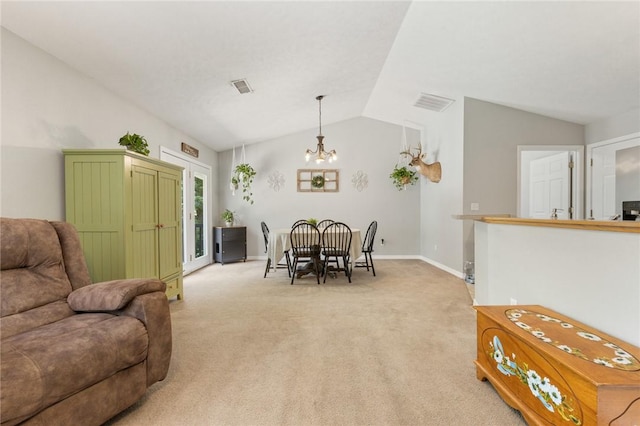 9336 Stonegate Dr, Omaha, AR 72662 - dining area featuring lofted ceiling, light carpet, and a chandelier