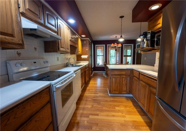 5 Coatbridge Ln, Bella Vista, AR 72715 - kitchen featuring white range with electric cooktop, freestanding refrigerator, under cabinet range hood, light wood-style flooring, and light countertops