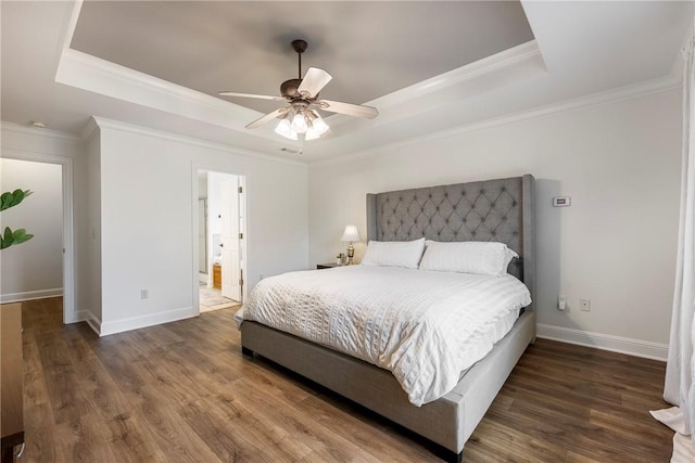 793 Buckhead Ave, Springdale, AR 72764 - bedroom with a raised ceiling, ornamental molding, wood finished floors, ceiling fan, and ensuite bath