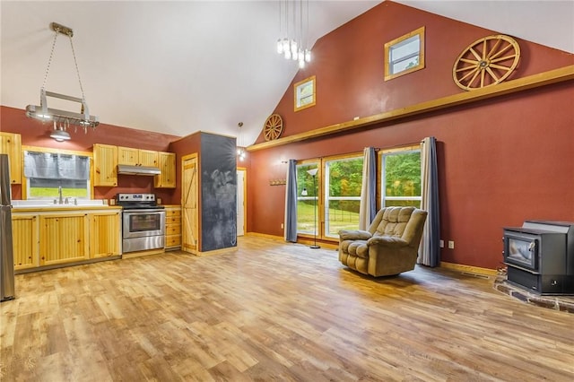 22006 Bozarth Cemetery Rd, Gentry, AR 72734 - kitchen featuring stainless steel appliances, high vaulted ceiling, under cabinet range hood, light wood-type flooring, and a wood stove
