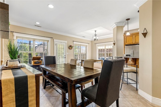 2301 SW Farringdon Ave, Bentonville, AR 72713 - dining area featuring light tile patterned floors, crown molding, a chandelier, and recessed lighting