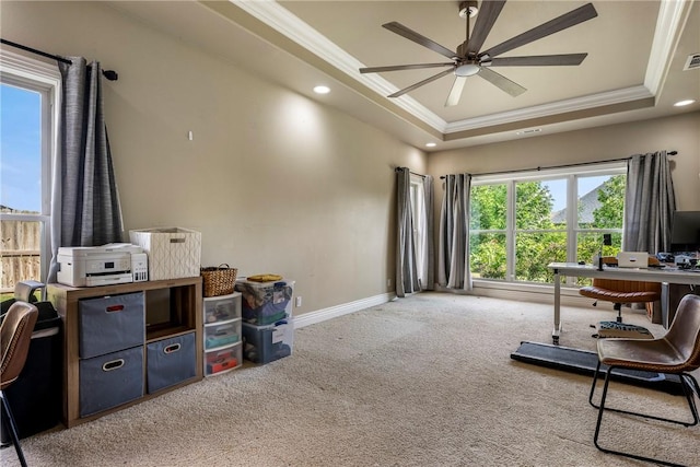 2301 SW Farringdon Ave, Bentonville, AR 72713 - carpeted office space with ceiling fan, ornamental molding, a tray ceiling, and recessed lighting