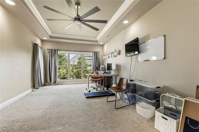 2301 SW Farringdon Ave, Bentonville, AR 72713 - carpeted office featuring a tray ceiling, ornamental molding, a ceiling fan, and recessed lighting
